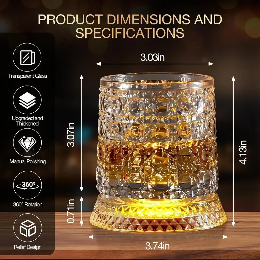 TarnorLer Spinning Whiskey Glass, 360° Rotating LED Base, Gemstone, 10 oz